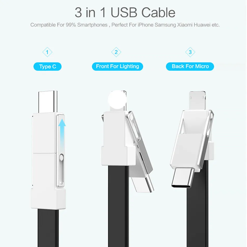 Портативный кабель 3 в 1 для путешествий, кабель usb с подсветкой, кабель usb type C для iPhone huawei P20 P30 Pro, кабель для зарядки ключей