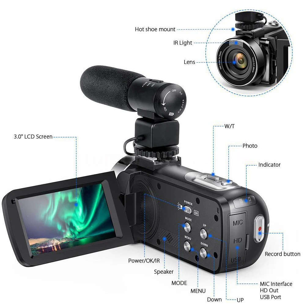 HD 1080P lcd сенсорный экран видеокамера 16X зум ночного видения 24MP цифровой пульт для видеокамеры управление широкоугольный объектив/микрофон к...