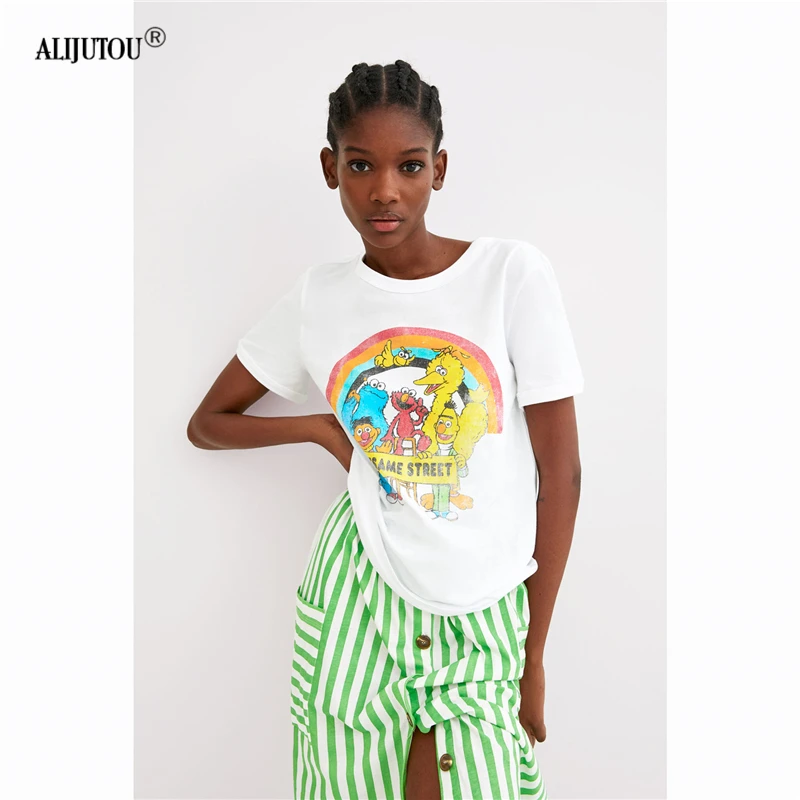 zaraing crossover Sesame Street T-shirt 2019 Summer Fashion Print Female T-shirt White Cotton Women Tshirts Casual Harajuku Top
