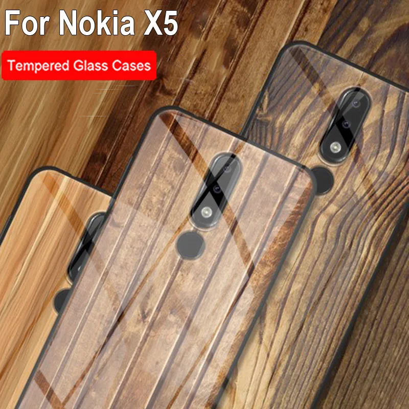 

Wood Solid Timber pattern Tempered Glass Phone Case For Nokia X5 x5 Black Marble Pattern Cover For Nokia X 5 Protective Cases
