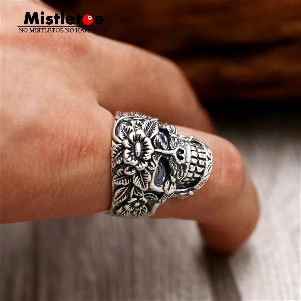 

Genuine 100% 925 Sterling Silver Vintage Punk Locomotive Lucky Skull With Flower Opening Ring For Women Men Fashion Jewelry