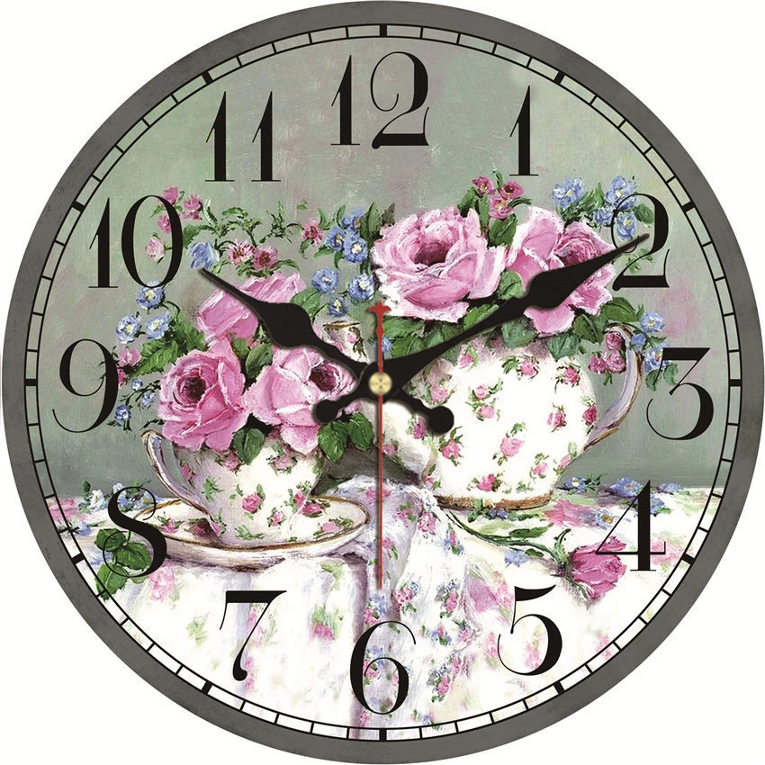 Shabby Chic Ink Painting Flower Clock Home Decor For Kitchen Silent Living Watches Accessories Art Vintage Large Wall Clocks Wall Clocks Aliexpress