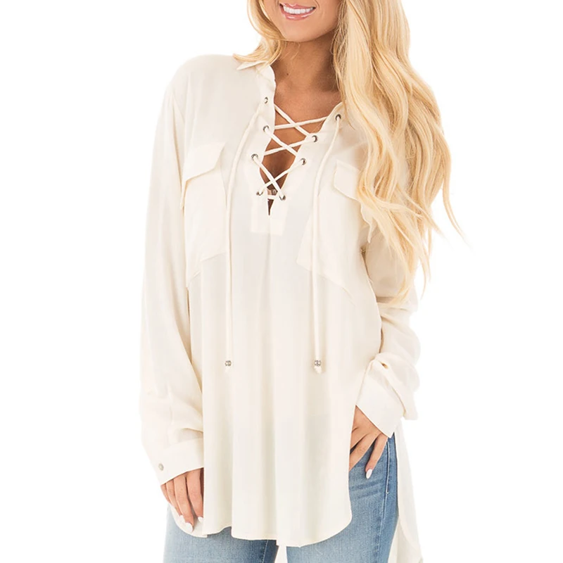 Women's Long Sleeve Lace Up Shirt Ladies Loose Casual Party Blouse Tops T-shirt