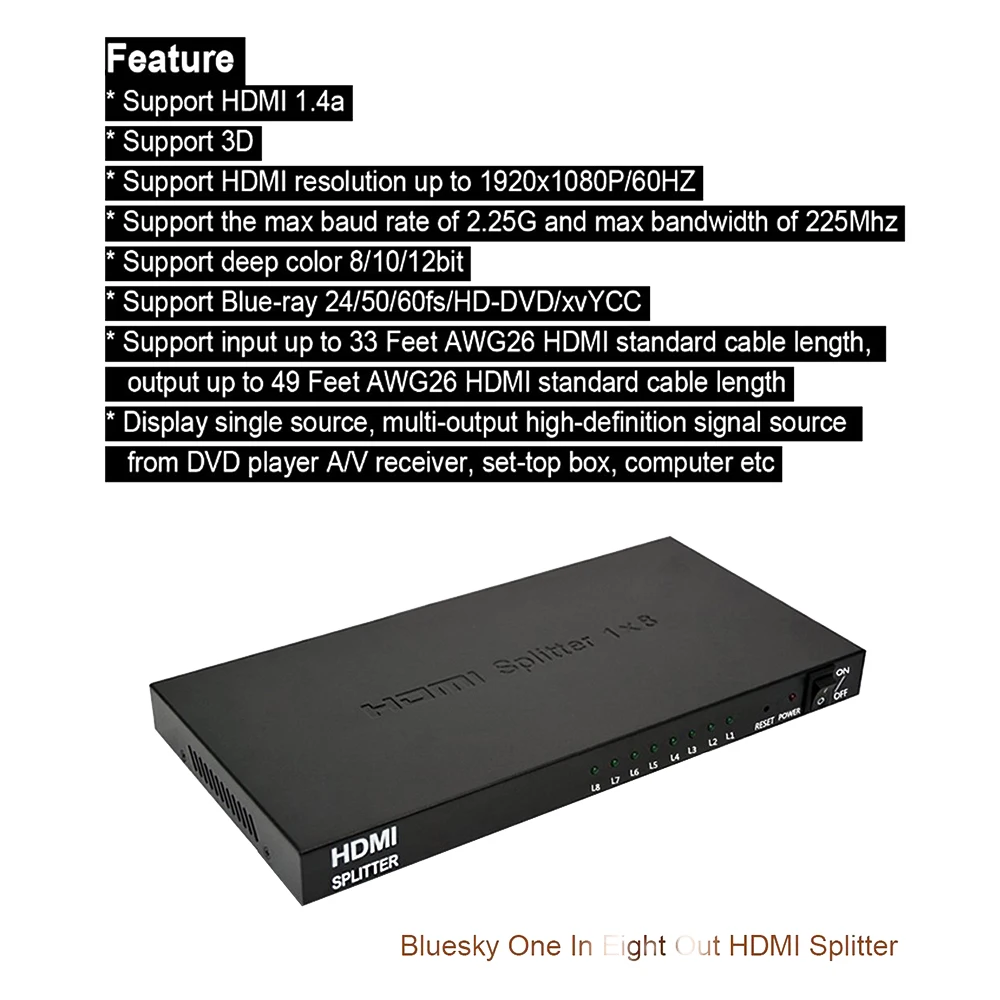 1x8 HDMI сплиттер аудио видео дистрибьютор Усилитель Поддержка Full HD 3D и 1080P/60 Гц LPCM Dolby