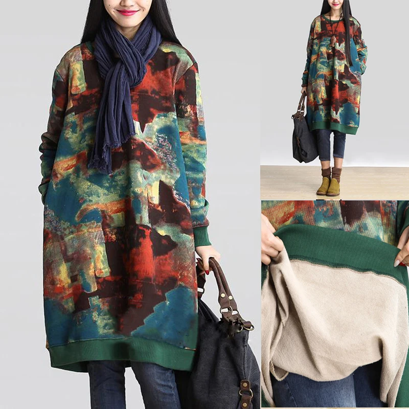 2018 Autumn Women Smooth Vintage Sweatshirt Floral Long Sleeve Dresses Retro Oversize Hoodie Pullover Top Long Hoodies Dress Hoodies