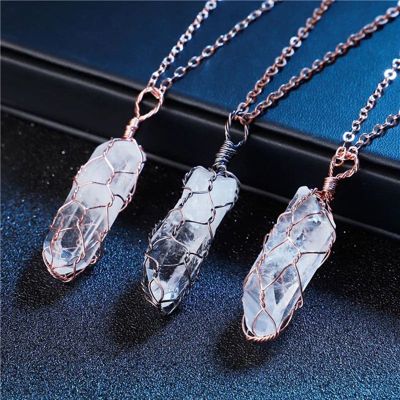 

Fashion Handmade Vintage Natural Clear Quartz Druzy Stone Pendant Necklaces for Women Copper Wire Wrapped Pendant Necklaces 2019