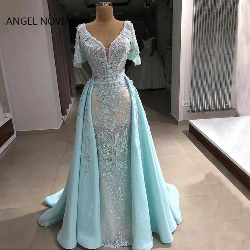 Lange Lichtblauw V-hals Abendkleider Dubai Arabisch Avondjurk 2019 Met Afneembare Rok Caftan Mariage Lange Lichtblauw V-hals Abendkleider Dubai Arabisch Avondjurk 2019 Met Afneembare Rok Caftan Mariage