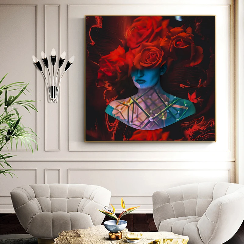 

RELIABLI ART Beautiful Girl Red Roses Canvas Painting For Living Room Wall Art Prints Home Decor free shipping Unframed
