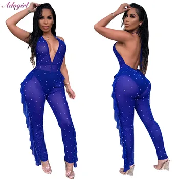 

Adogirl Sexy Pearls Ruffles Sheer Mesh Jumpsuit Women Casual Deep V Neck Backless Halter Party Club Romper Female Bodysuit