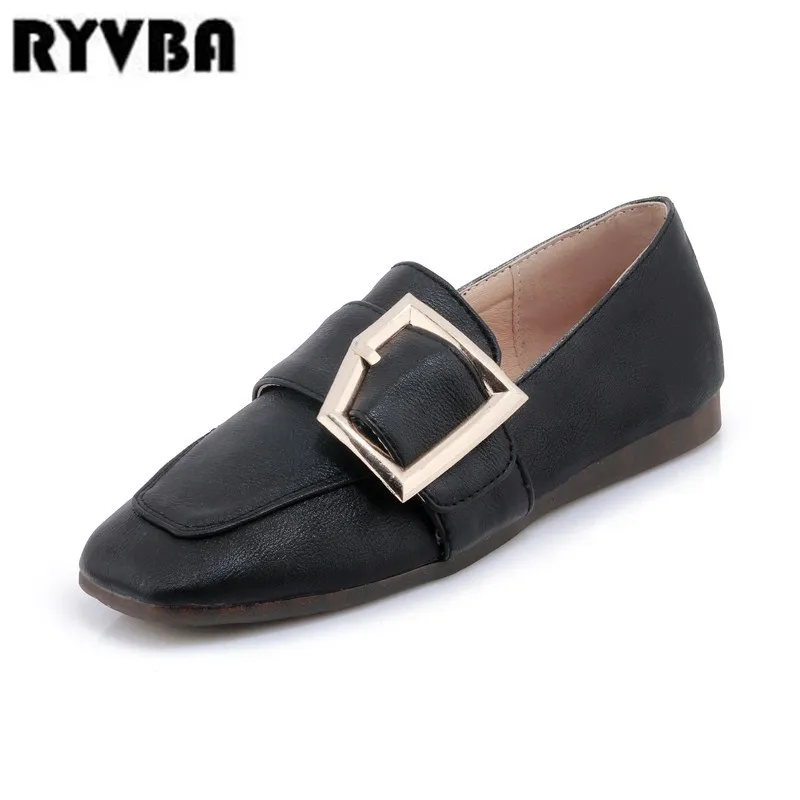 

RYVBA 2018 spring autumn metal buckle loafers flat shoes ladies woman black womens casual shoes Women fashion Square toe flats
