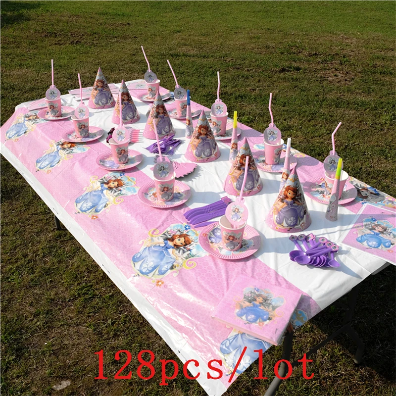 

Disney Princess Sofia Theme Design 128Pcs/Lot Pink Cups+Plates Birthday Party Decoration Cute Tableware For Family Party Supply