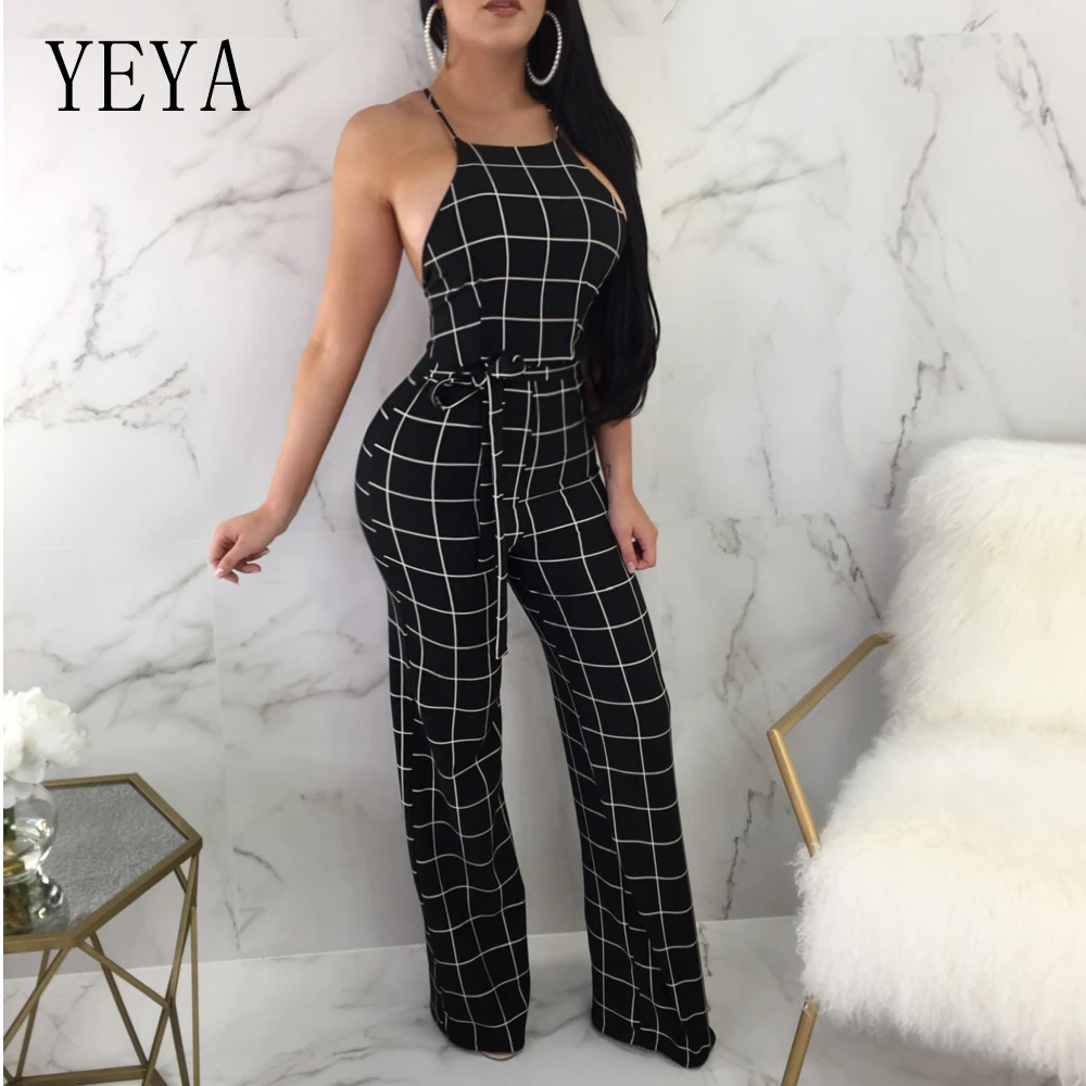 YEYA Summer Sleeveless Strap Backless Long Jumpsuits Women Plus Size Boot Cut Jumpsuit Casual Sexy Elegant Plaid Mujer Jumpsuits