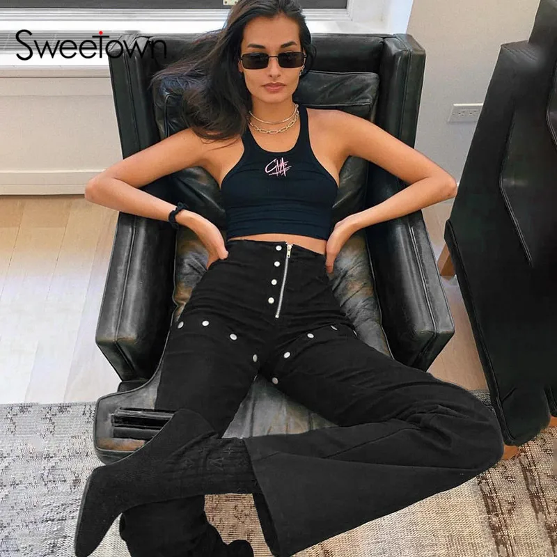 

Sweetown Black Punk Rock Flare Pants Women Streetwear Rivet Patchwork Detachable Pantalon Femme Zipper High Waist Trousers