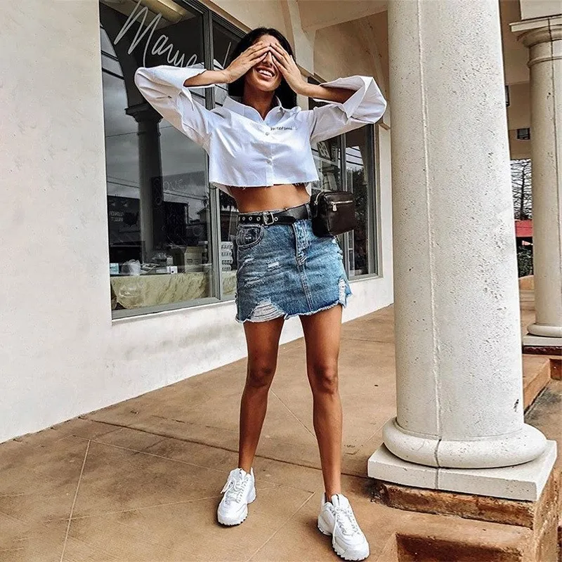 

Women Flare Sleeve Casual Crop Top High Street Letter Embroidery Shirts Solid Turn Down Collar Short Blusa