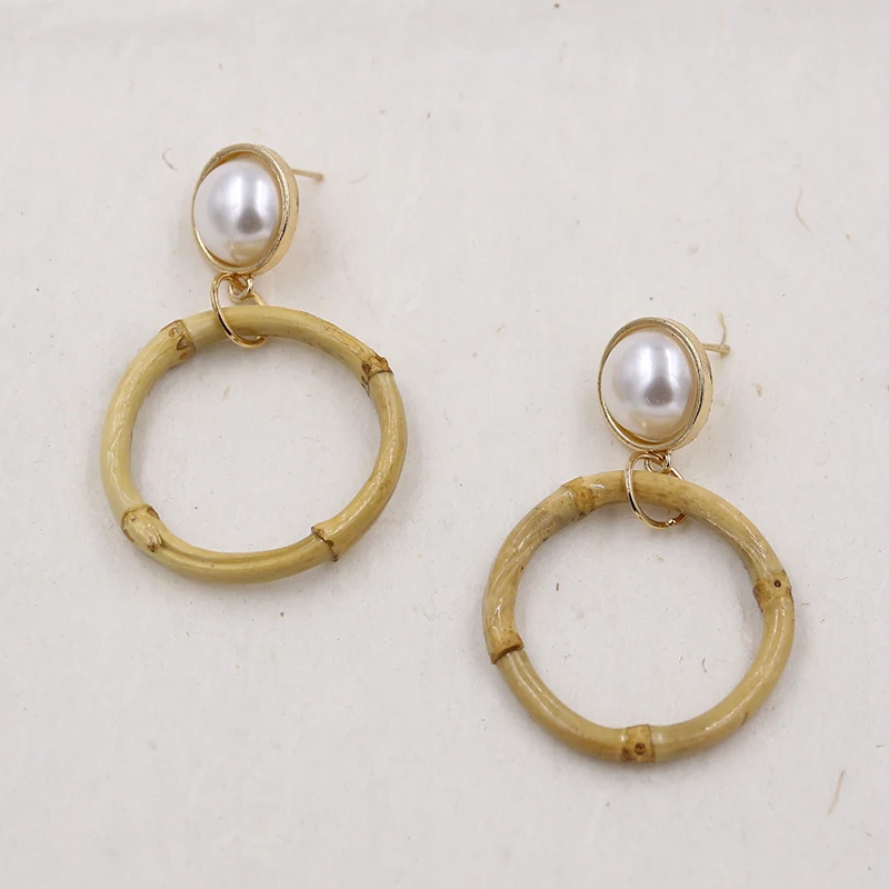 

Bohemia Round Pearl Earrings For Women Natural Bamboo Drop Earring Vintage Big Earrings 2019 Summer Jewelry