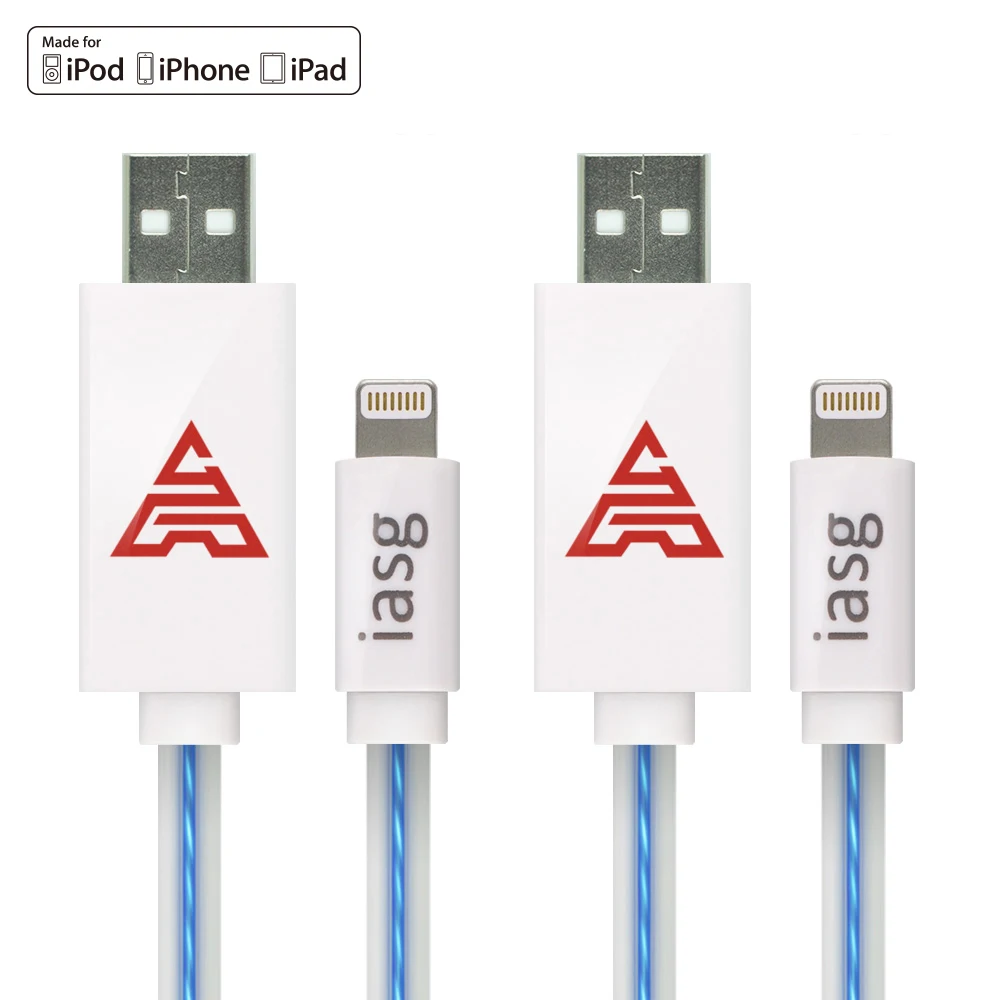 2 PCS [MFi Certificated] iasg Flat Visible LED Lighted up Charging for Lightning to USB Cable for iPhone 5s 6 6s 7 plus iPad air