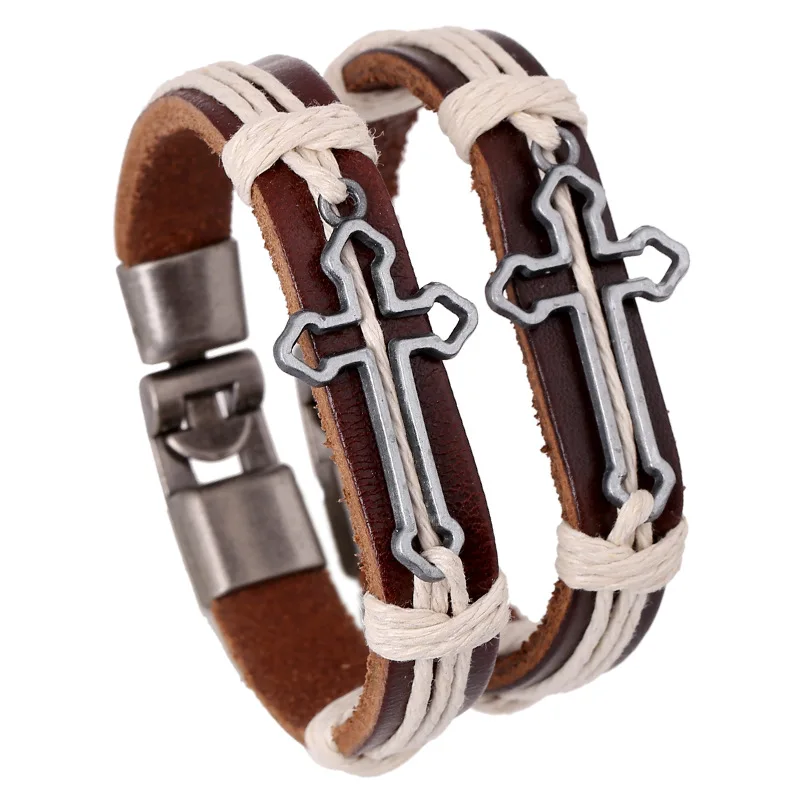 Religious Couple Bracelets Hollow Cross Charm Man Woman Bangles Pulseira Handmade Easy-hook Genuine Leather Wristband Ornament