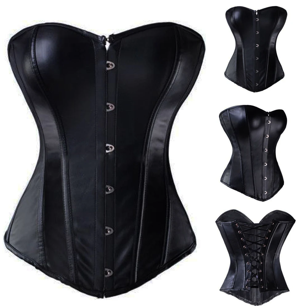 

Gothic Punk Black Red Faux Leather Plus Size Corset Steampunk Steel Boned Lace up Corsele Women Waist Cincher Corsets Top S-6XL