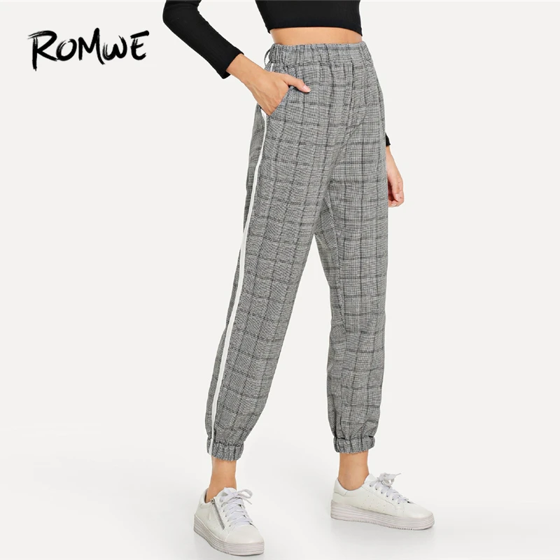 

ROMWE Grey Pocket Elastic Waist Plaid Pants Female Casual 2018 Autumn Mid Waist Bottoms Spring Women Tapered Carrot Trousers