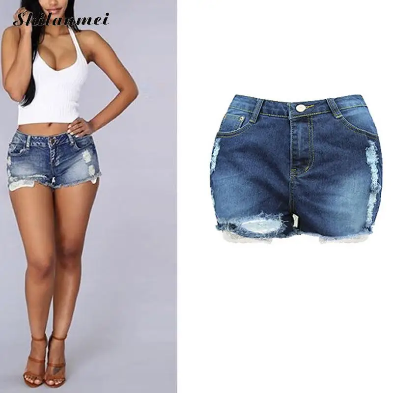 Cotton Denim High Waist Shorts frayed deep blue xxl short taille haute femme cotton academia