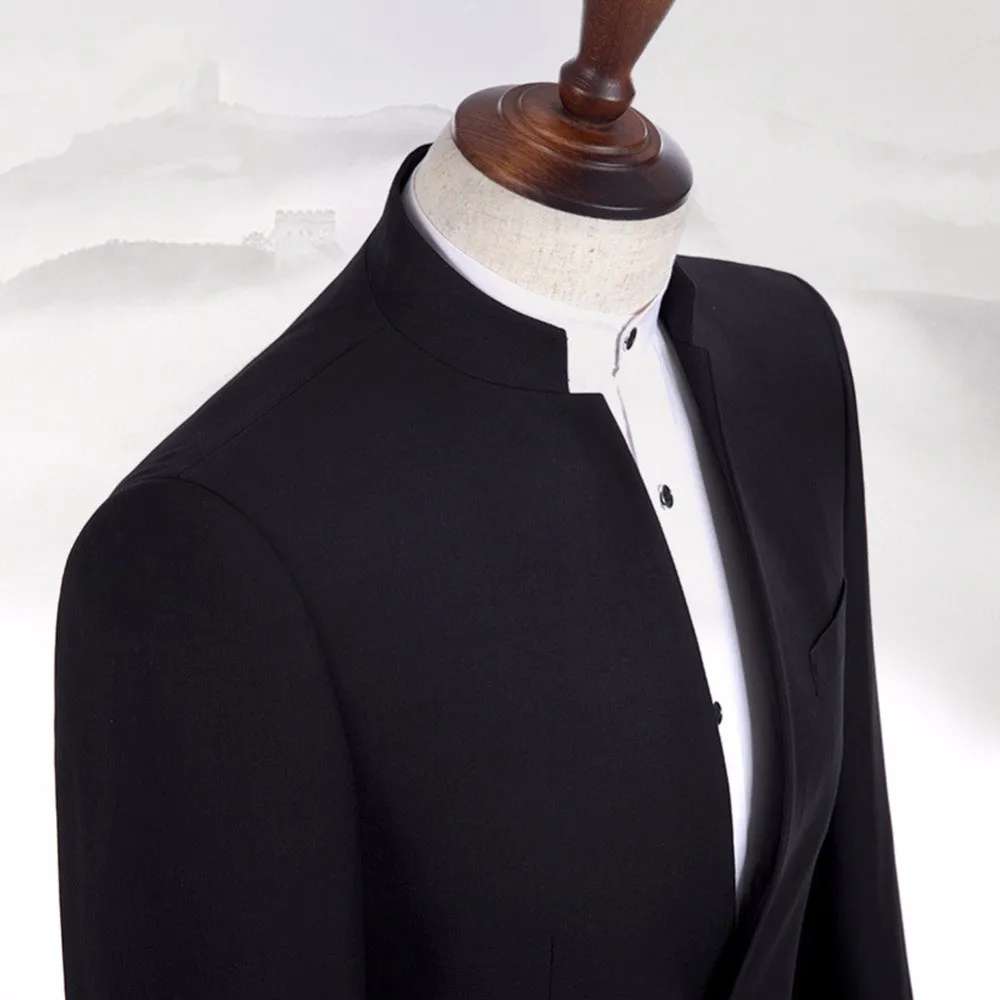 New Design Black Men Suits Stand Collar Classic Suit Business Wear Custom Made Formal Male Suit (jacket+pant)