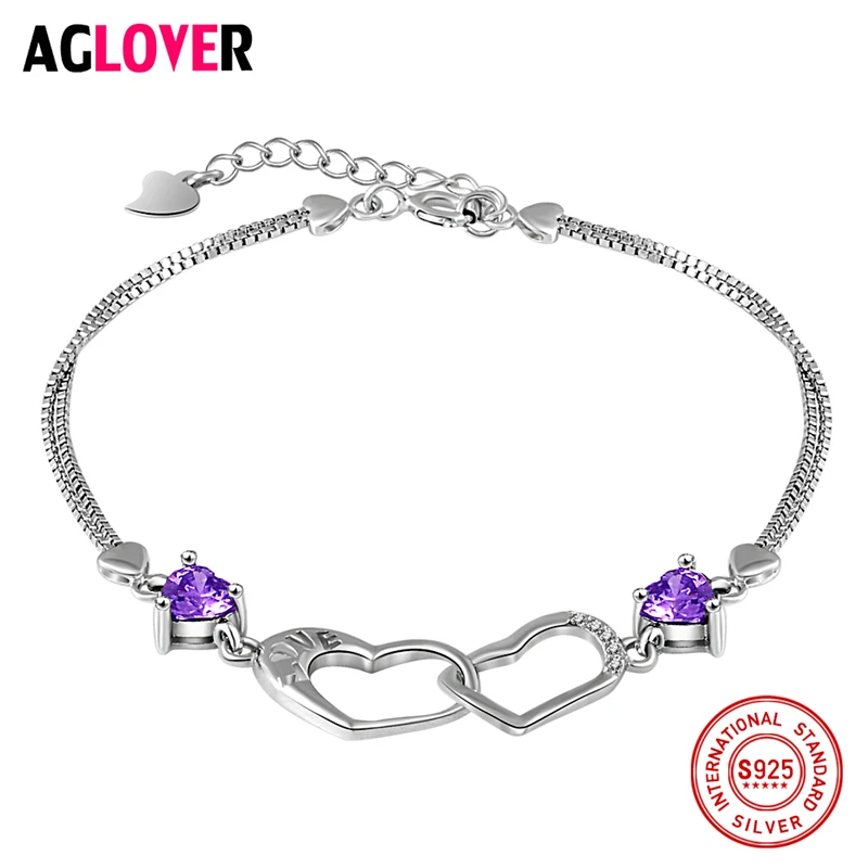 

925 Sterling Silver Bracelet Heart Charm Woman Bracelet AAA Crystal Silver Female Jewelry