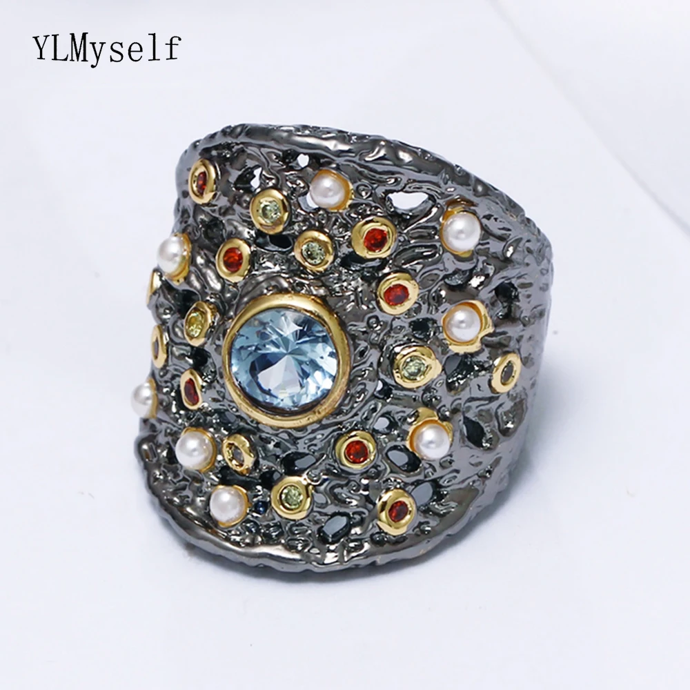 

New cocktail Best party big ring Black gold vintage jewelry multi color crystal pearl Antique rings in jewellery findings