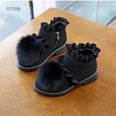 

Ruffle design+hair ball girl snow boots Student Princess Booties Rubber non-slip children's boots kids casual sports sneakers