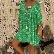 Vestido de algodón con cuello en V profundo de talla grande Vestido de manga larga con estampado Floral Boho vestido suelto Vintage Casual verano playa vestido 2019
