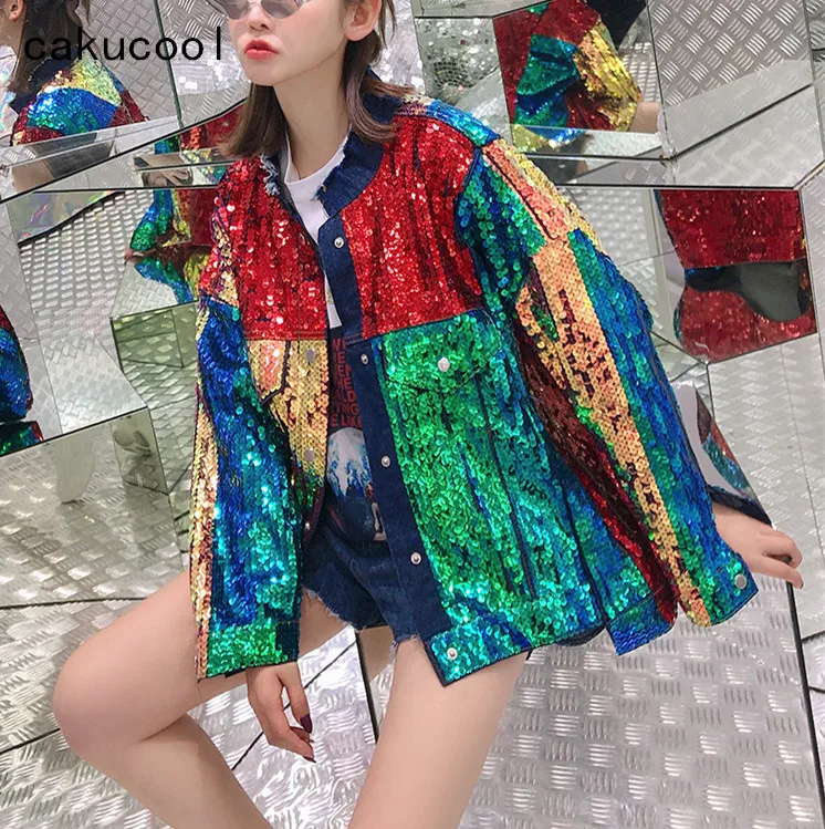 Cakucool весеннее Женское пальто с блестками Радужная Лоскутная куртка тяжелый шик