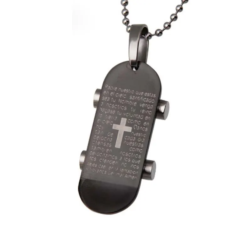 Cross Skateboard Pendant Necklace Bible Stainless Steel Sports Charm