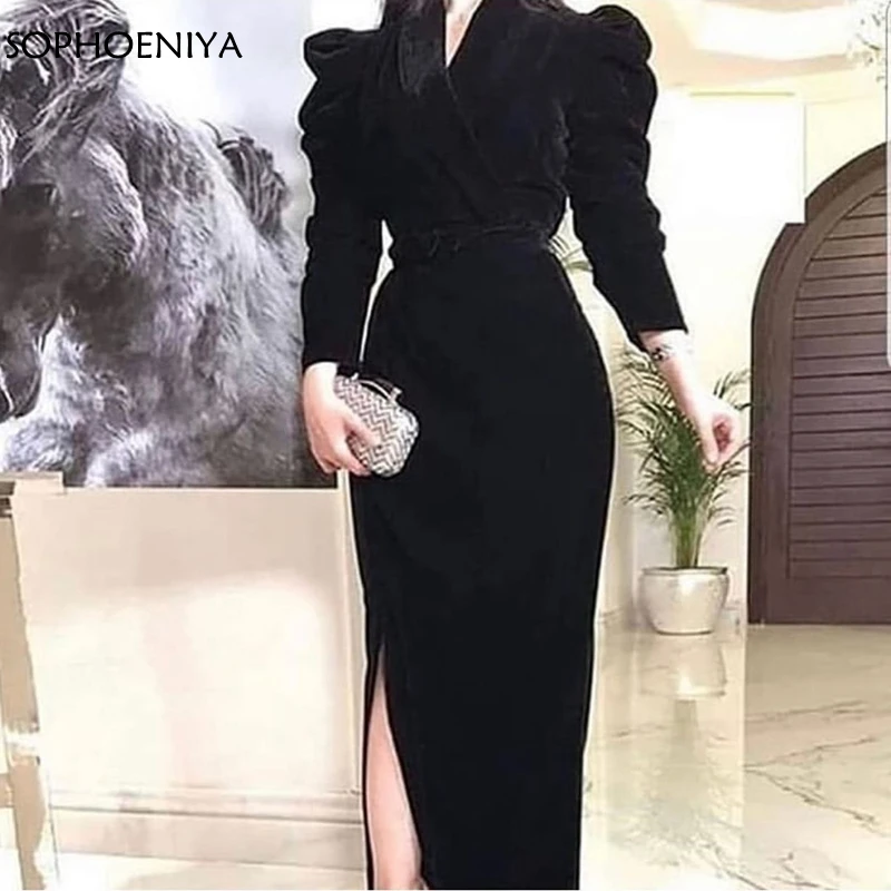 

New Arrival Velvet Black Evening dresses 2019 Party gown dress Vestido de fiesta largos de noche robe soiree dubai evening dress