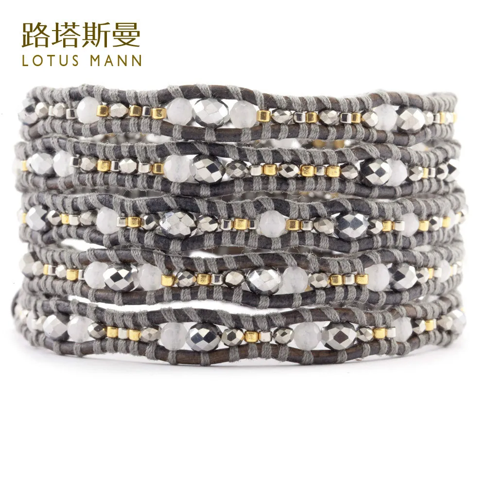 Lotus Mann Silver crystal with marble mixed five laps grey leather cord braceletleather cord