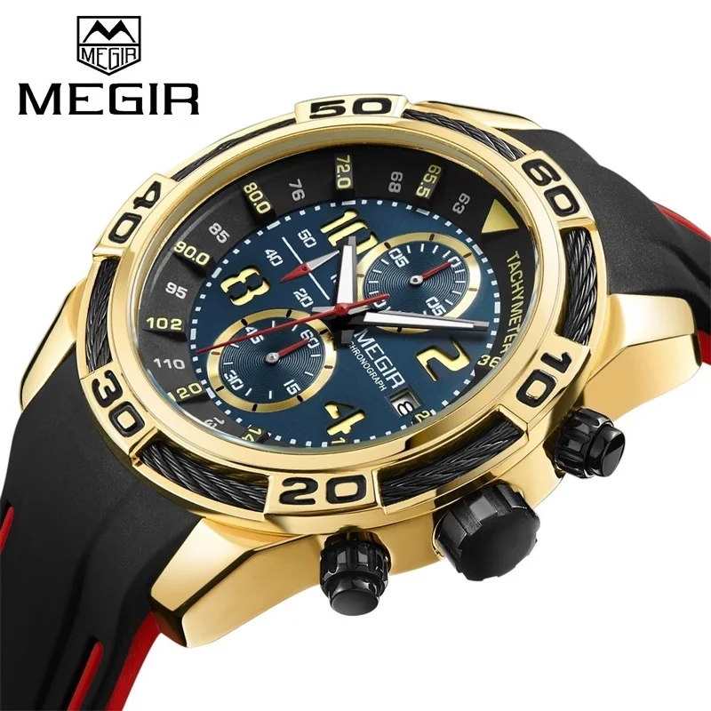 

MEGIR Men Sport Watch Chronograph Silicone Strap Military Quartz Watches Gold Clock Men Top Brand Luxury Male Relogio Masculino