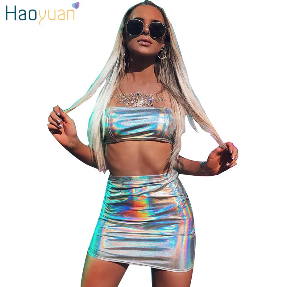 

HAOYUAN Glitter Holographic Neon Two Piece Set Sexy Club Party Dress 2019 New Women Off Shoulder Bodycon Short Mini Wrap Dresses