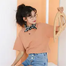 Женские футболки Япония Харадзюку дамы Ulzzang Лето свободная вышивка сердце уход машина узел полые открытая спина футболка Kawaii