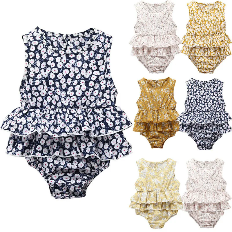 

0-24M Newborn Kids Baby Clothes Sleeveless Summer Ruffles Floral Bodysuit Elegant Cute Pincess Lovely Sunsuit Outfits