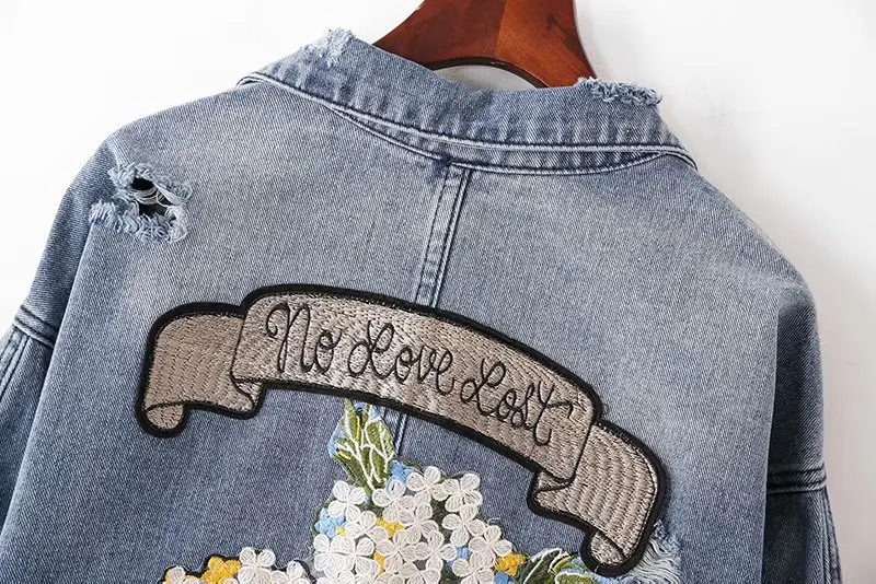 Весна Винтаж цветы вышивка для женщин Свободные джинсовая куртка с длинным рукавом отверстие верхняя одежда женские повседневные