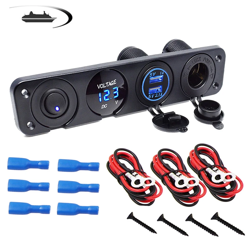 

4 in 1 Boat Toggle Switch Panel 12V Power Outlet LED Voltmeter 12V Dual USB Socket Charger 2.1A & 1A for Car Boat GPS Mobiles