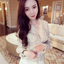 Kenvy бренд высокого класса люкс Женщины С Блестками Блестящие пикантные v-образным вырезом с длинными рукавами куртка-кардиган пальто