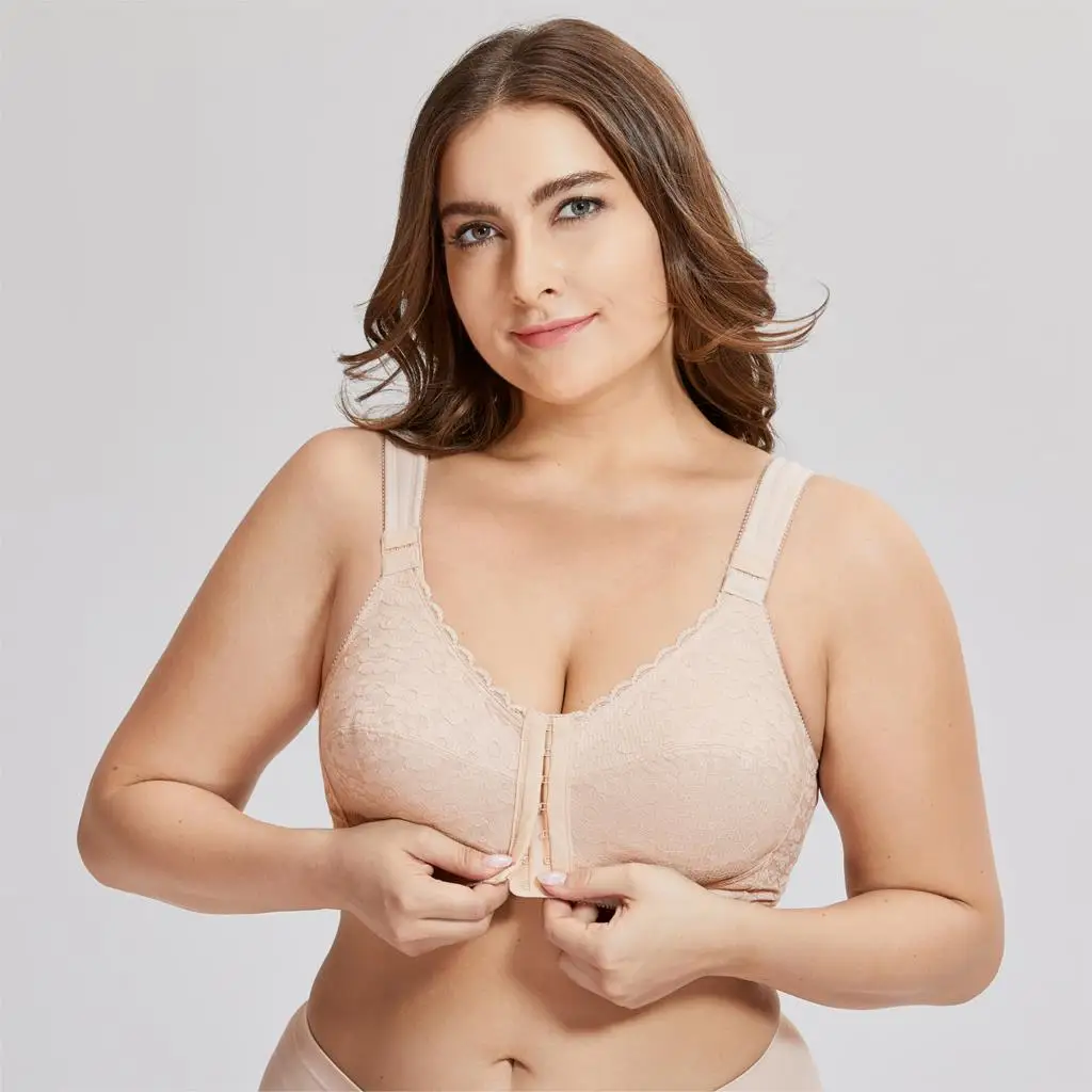 

Women's Full Coverage Posture Corrector Front Closure Wireless Back Support Lace Bra Plus Size 38-52 D E F Cup