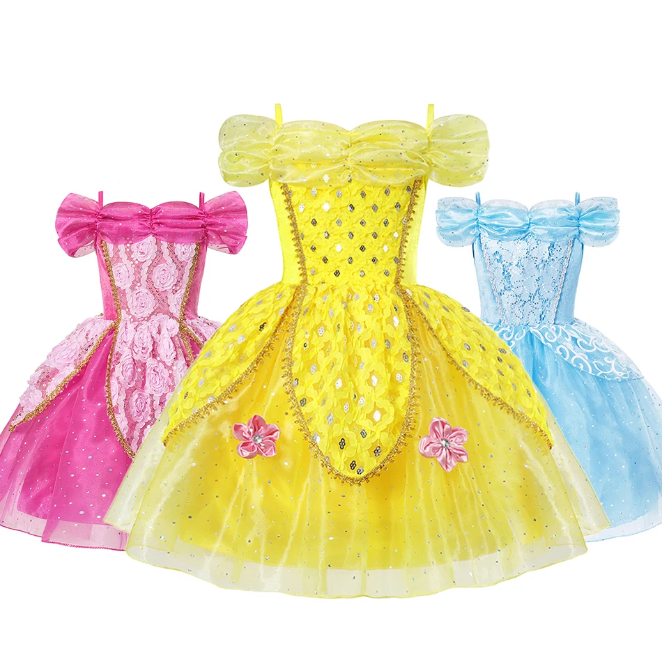 

Princess Dress for Girl Kids Costumes Cosplay Belle Aurora Cinderella Jasmine Cartoon Beauty and The Beast Fancy Summer Dresses