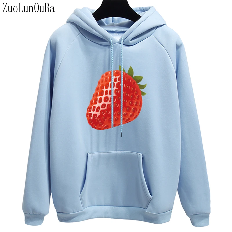 

Fleece Hoodies Women Autumn Winter Solid Color Strawberry Print Harajuku Long Sleeve Sweatshirt Loose Fashion Pullove Female Bts