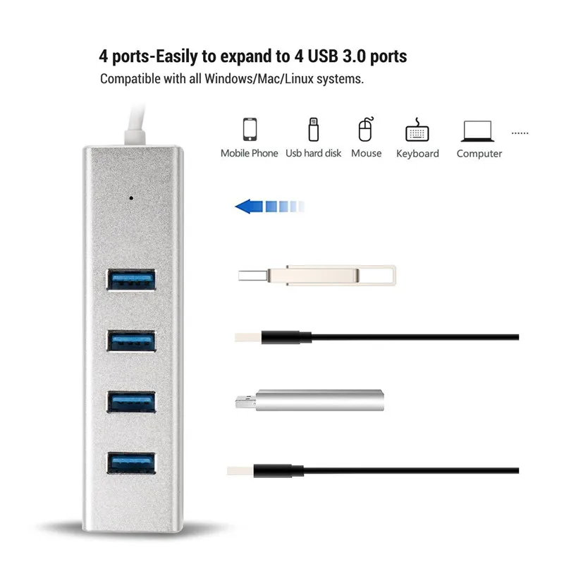 Алюминиевый мини концентратор USB 3 0 BinFul 4 портовый источник питания OTG с
