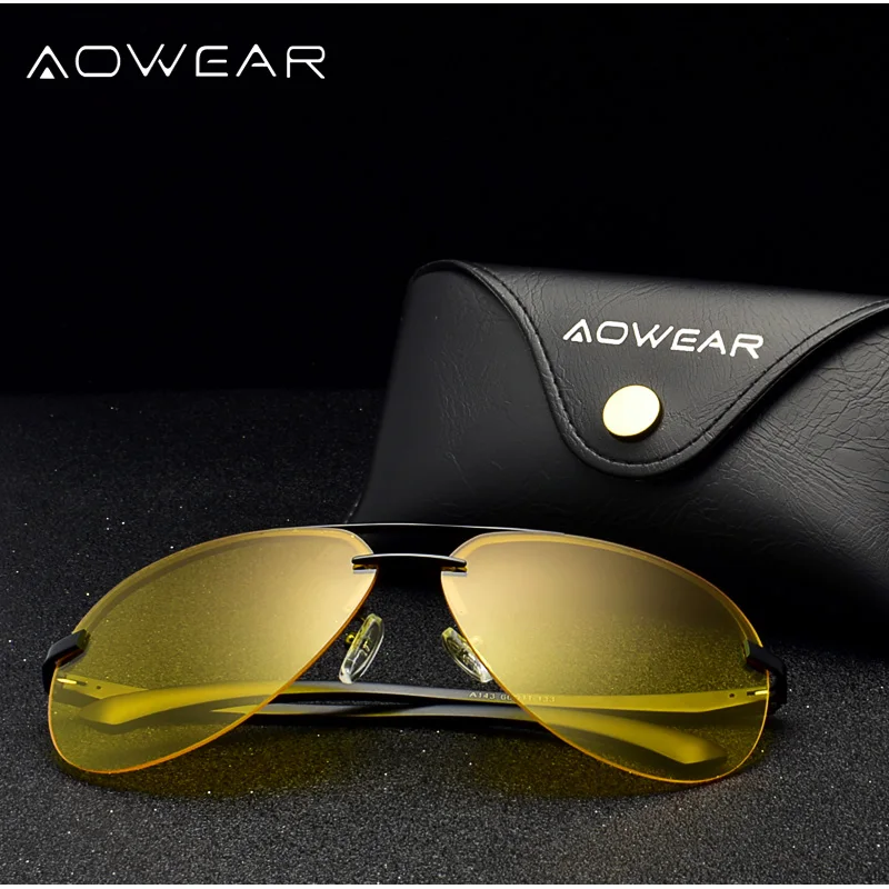 Мужские темные очки без оправы AOWEAR поляризационные с HD ночным видением UV400 желтые