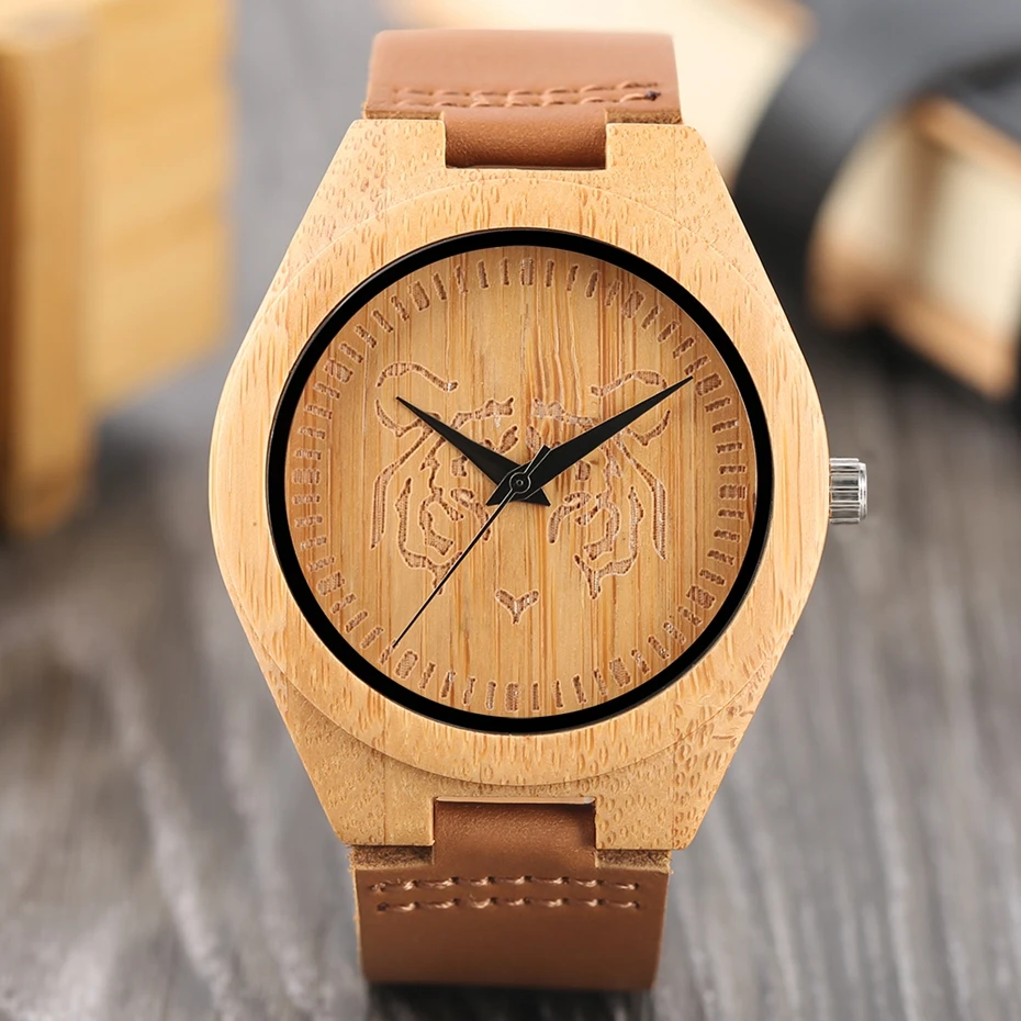 Men Creative Wood Watch Handmade Wild Tiger Pattern Dial Bamboo Wooden Quartz Wristwatches 2017 Clock Male hour Reloj de madera 2017 (7)