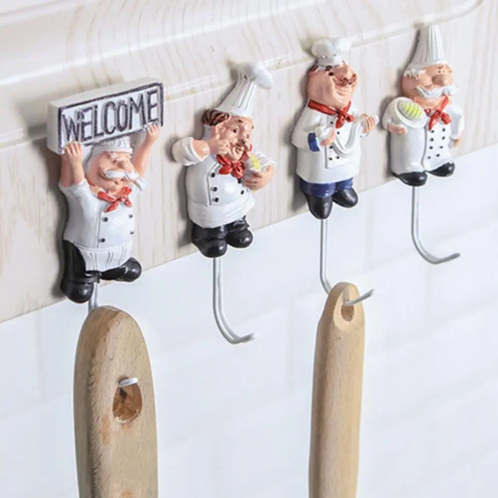 

Cute Cartoon Chef Door Wall Mounted Self Adhesive Metal Hooks Hanger Home Kitchen Bathroom Sponge Brush Utensil Hook Organizer