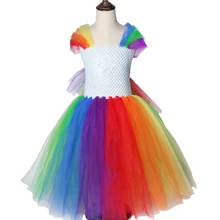 Яркое Радужное платье-пачка для девочек; платье-пачка принцессы с пони и маленькой лошадкой для девочек; детское праздничное платье на Рождество и Хэллоуин; костюмы