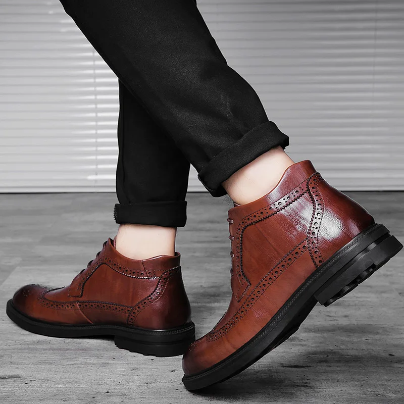 MVVT/мужские ботинки из натуральной кожи; оксфорды; модные зимние ботинки; мужские кожаные ботинки с перфорацией типа «броги» в деловом стиле; мужские Ботильоны; обувь