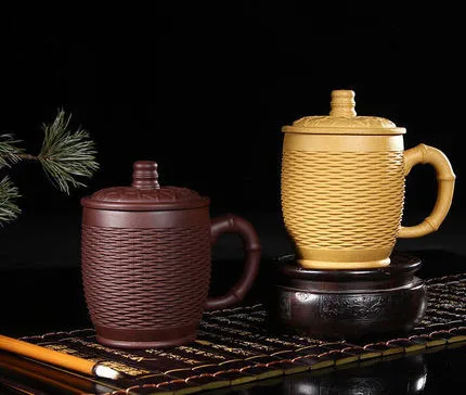 

Hand-carved Yixing Purple Sand Teacups Bamboo-type Modeling Zisha Cup With Lid Office Old Purple Clay Tea Cup Gifts Non-ceramic